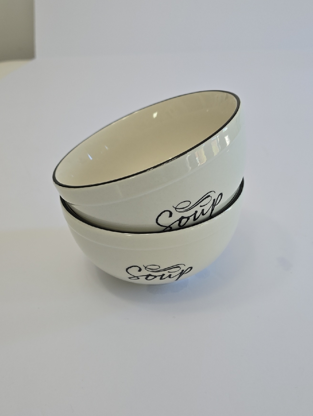 Harry & David Set Of 2 Soup Bowls White Ceramic Stoneware With Black Trim